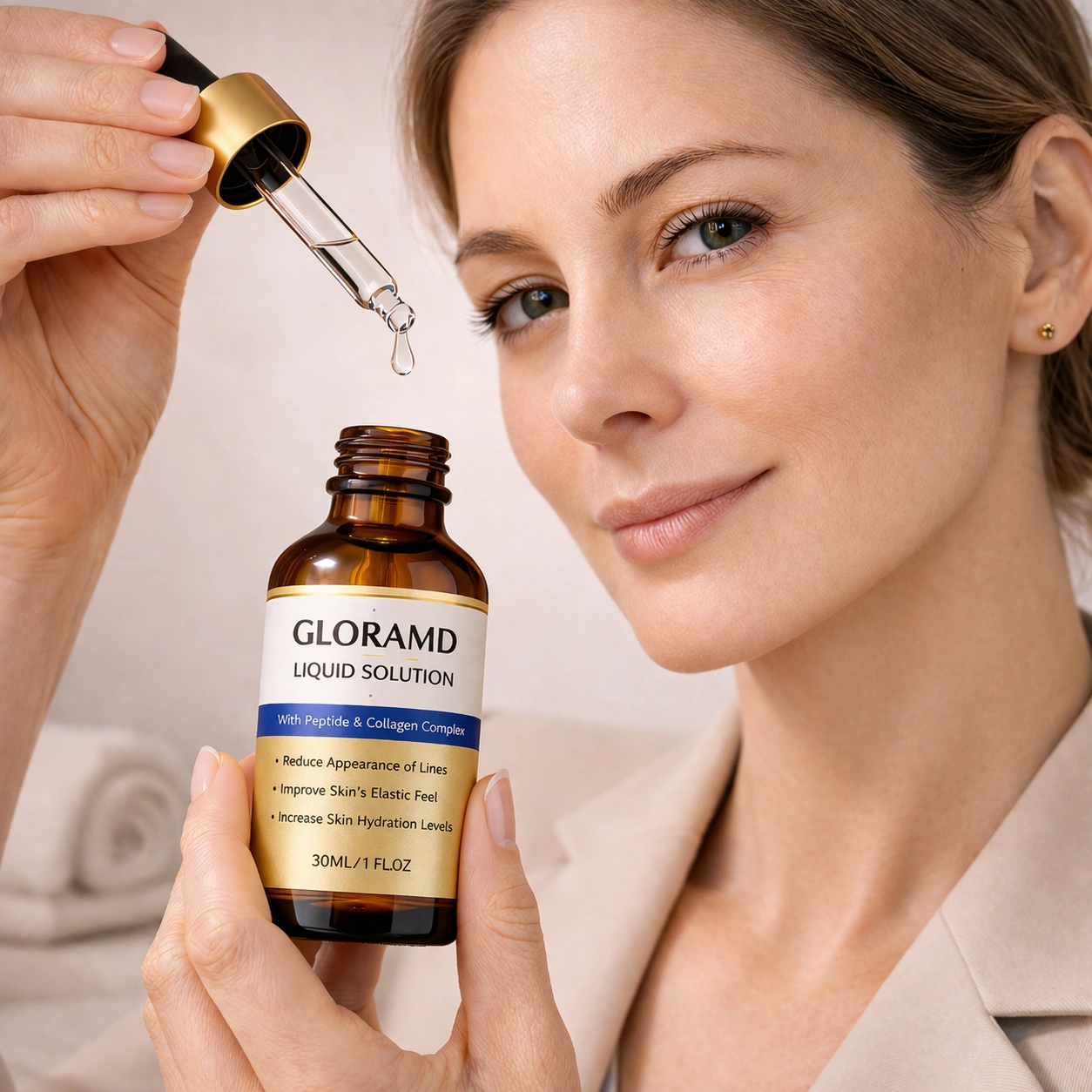 Woman applying GloraMD Face Lift Serum as part of a simple daily skincare routine